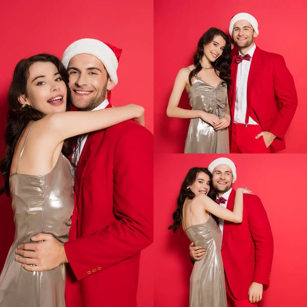 Collage Uomo Sorridente Cappello Babbo Natale Abbracciare Ragazza Abito Sfondo — Foto Stock