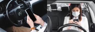 Arabada otururken cep telefonu kullanan şık bir kadın kolajı.