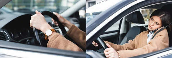 Collage Woman Trench Coat Talking Smartphone While Driving Car Banner — Stock Photo, Image