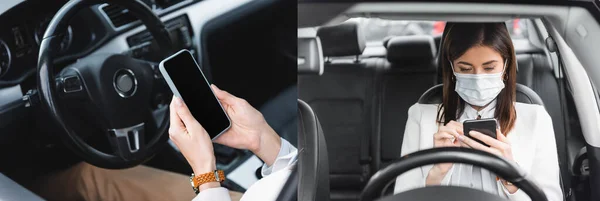 Kolaż Stylowej Kobiety Korzystającej Telefonu Komórkowego Podczas Siedzenia Samochodzie Baner — Zdjęcie stockowe