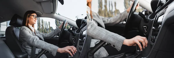 Collage Mujer Negocios Que Cambia Palanca Transmisión Mientras Conduce Coche — Foto de Stock