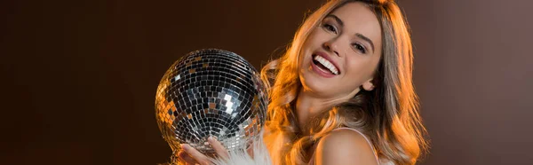 Pleased Blonde Woman Holding Disco Ball Black Banner — Stock Photo, Image