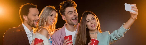 Group Happy Multicultural Friends Taking Selfie While Holding Plastic Cups — Stock Photo, Image