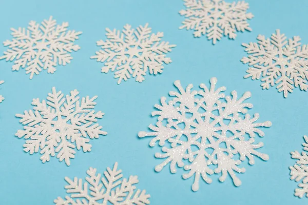 Top View Winter Snowflakes Blue Background — Stock Photo, Image