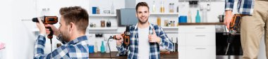 collage of smiling young man showing thumb up and holding drill in kitchen on blurred background, banner clipart