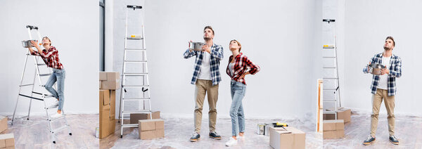 full length of young woman and man looking up while holding pot under leaking ceiling at home, collage