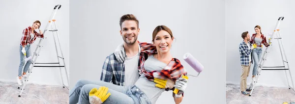 Collage Happy Young Woman Paint Roller Hugging Man Looking Camera — Stock Photo, Image