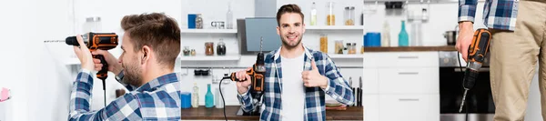 Collage Smiling Young Man Showing Thumb Holding Drill Kitchen Blurred — Stock Photo, Image