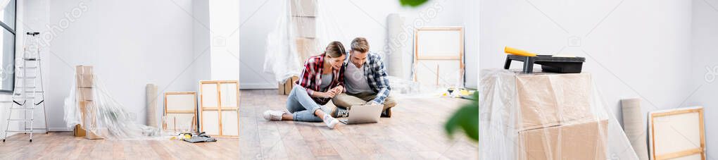 collage of smiling couple looking at laptop, paint roller and tray, pictures, ladder and cardboard boxes covered with polyethylene at home,  banner