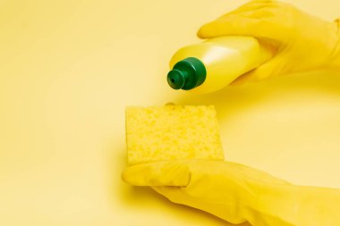 Lastik eldivenli ellerin kesilmiş görüntüsü sarı arka plandaki süngerin üzerine bulaşık suyu döküyor.