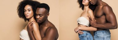 Afrikalı Amerikalı bir adamın, bej renkte izole edilmiş kız arkadaşını kucaklaması kolajı. 