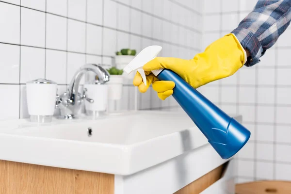 Cropped View Woman Rubber Glove Using Detergent Sink Bathroom — Stock Photo, Image
