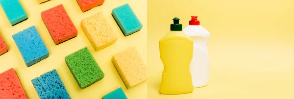 Collage of sponges and bottles of dishwashing liquid on yellow background, banner