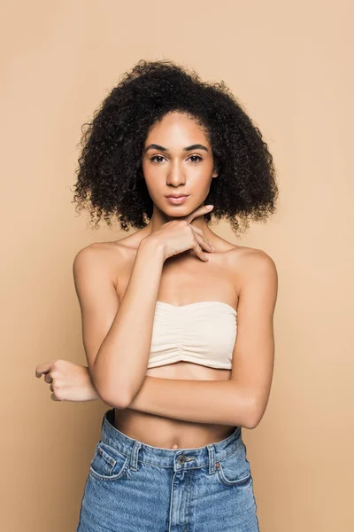 Curly African American Woman Bare Shoulders Looking Camera Isolated Beige — Stock Photo, Image