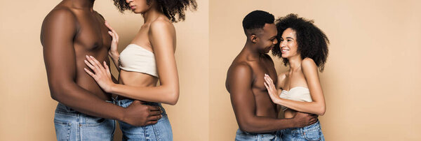 Collage of african american man hugging curly girlfriend isolated on beige