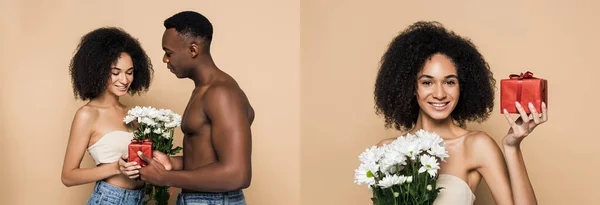 ベージュ島に孤立した女性に花やプレゼントを贈るアフリカ系アメリカ人男性のコラージュ — ストック写真