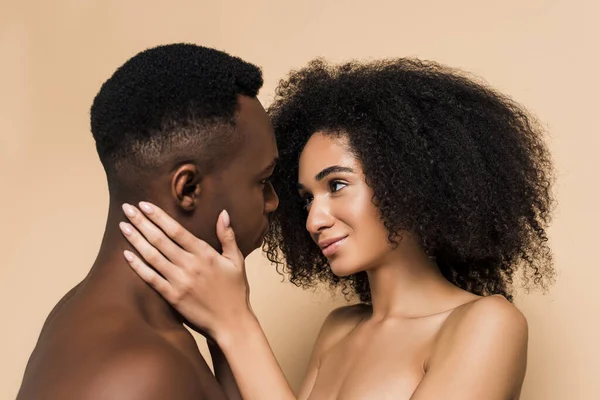 Curly African American Woman Touching Face Boyfriend Isolated Beige — Stock Photo, Image