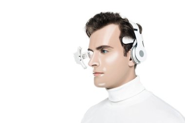 Portrait of cyborg man in digital eye lens and headphones isolated on white clipart