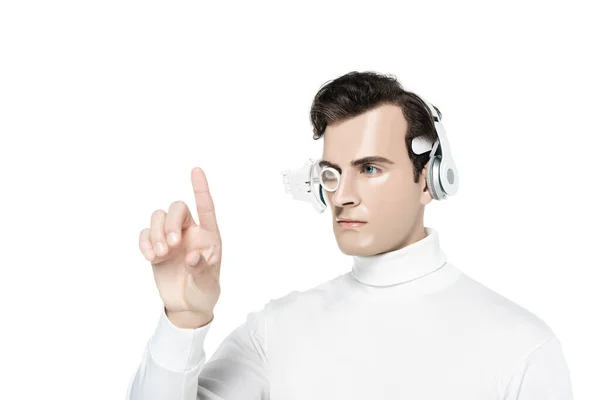 Cyborg Man Headphones Digital Eye Lens Pointing Finger Isolated White — Stock Photo, Image