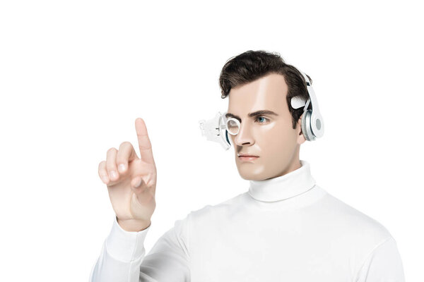 Cyborg man in headphones and digital eye lens pointing with finger isolated on white