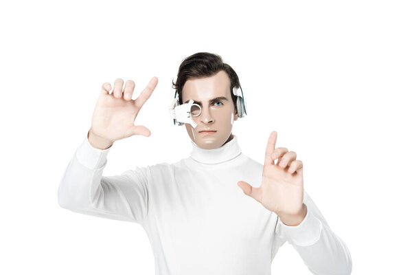 Cyborg in headphones and eye lens touching something isolated on white