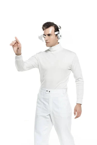 Brunette Cyborg White Clothes Headphones Touching Something Isolated White — Stock Photo, Image