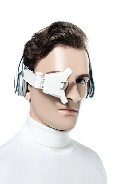 Cyborg Man Digital Eye Lens Headphones Looking Camera Isolated White — Stock Photo, Image