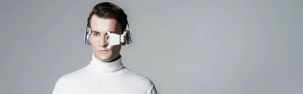 Cyborg Lente Ojo Digital Auriculares Aislados Gris Con Espacio Para —  Fotos de Stock