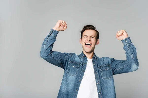 Cheerful Man Showing Yeah Gesture Isolated Grey — Stock Photo, Image