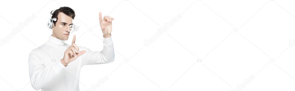 Cyborg in headphones and digital eye lens touching something isolated on white, banner