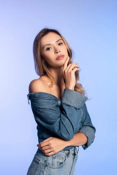 Charming Young Woman Denim Shirt Naked Shoulder Touching Face Isolated — Stock Photo, Image