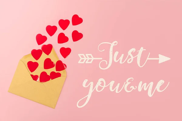 Top View Red Paper Hearts Envelope Just You Lettering Pink — Stock Photo, Image