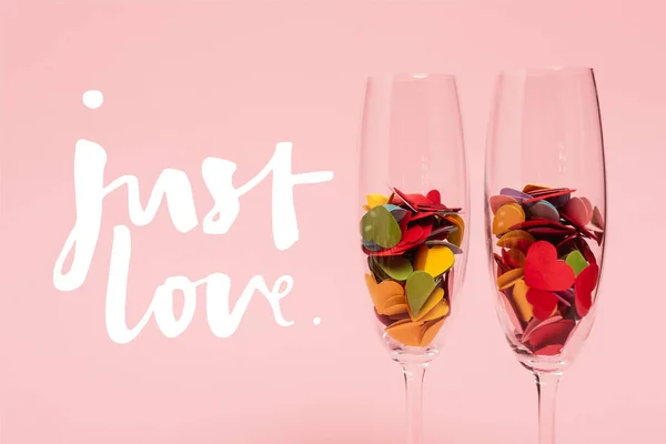 Colorful Hearts Champagne Glasses Just Love Lettering Pink — Stock Photo, Image