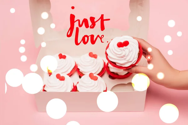 Cropped View Woman Holding Valentines Cupcake Box Just Love Lettering — Stock Photo, Image