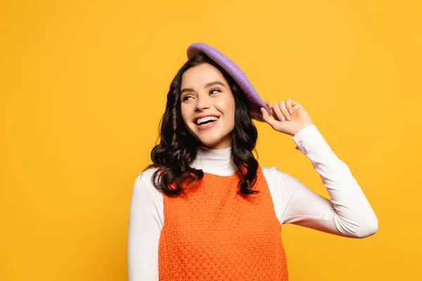 Cheerful Brunette Woman Laughing Looking Away While Touching Beret Isolated — Stock Photo, Image