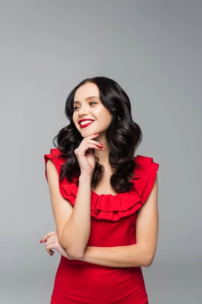 Cheerful Young Woman Red Lips Looking Away Isolated Grey — Stock Photo, Image