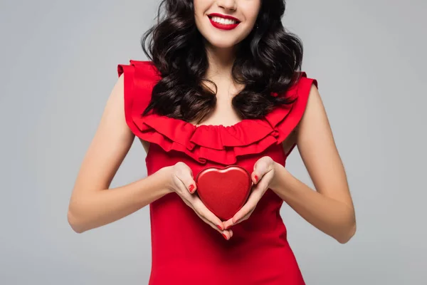 Partial View Cheerful Woman Red Lips Holding Heart Shaped Gift — Stock Photo, Image