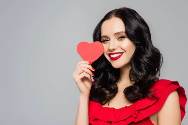 Smiling Young Woman Holding Red Paper Heart Isolated Grey — Stock Photo, Image