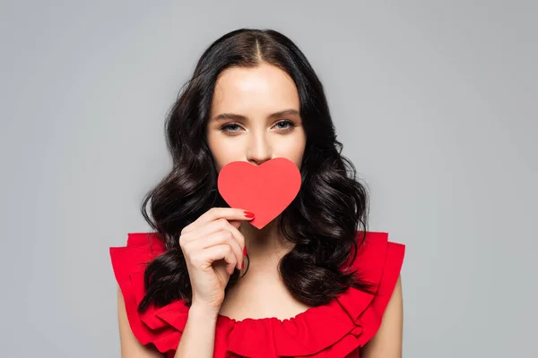 Young Woman Covering Mouth Red Paper Heart Isolated Grey — Stock Photo, Image