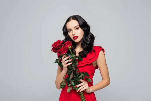 Brunette Young Woman Holding Bouquet Roses Isolated Grey — Stock Photo, Image