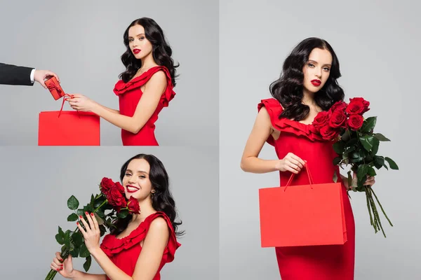 Collage Cheerful Woman Holding Shopping Bag Roses Man Gift Box — Stock Photo, Image