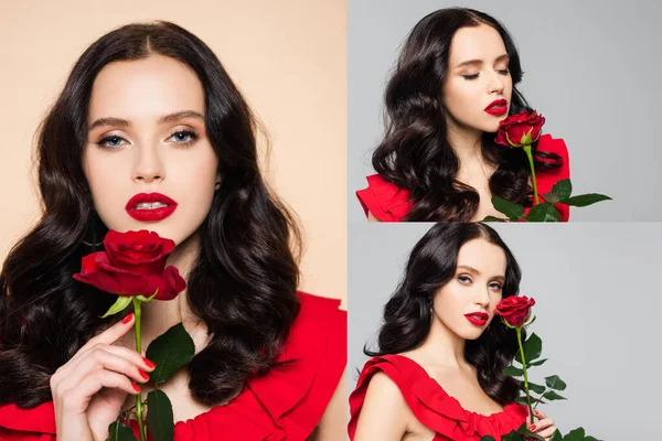 Collage Einer Frau Mit Roter Rose Auf Grau Und Rosa — Stockfoto