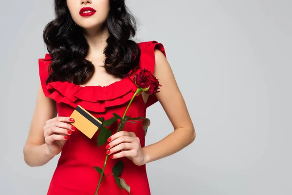 Cropped View Brunette Woman Holding Red Rose Credit Card Isolated — Stock Photo, Image