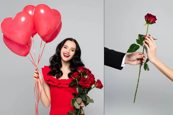 Collage Mujer Feliz Sosteniendo Globos Rojos Forma Corazón Recibiendo Rosa —  Fotos de Stock