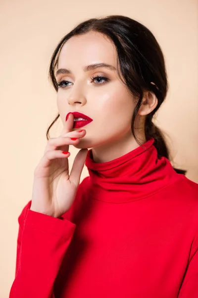 Brunette Young Woman Red Lips Showing Hush Sign Isolated Pink — Stock Photo, Image