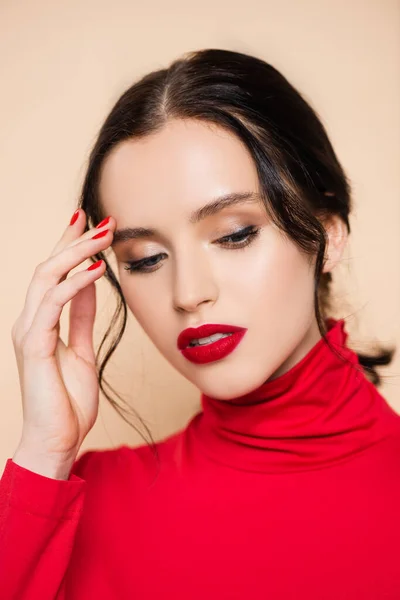 Brunette Young Woman Red Lips Looking Isolated Pink — Stock Photo, Image