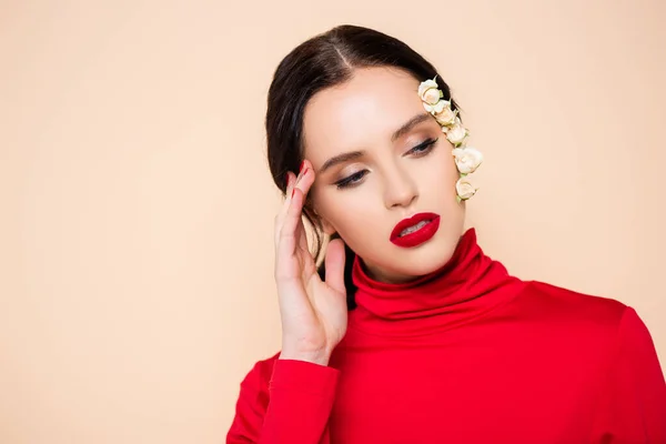 Young Woman Red Lips Flowers Face Looking Away Isolated Pink — Stock Photo, Image