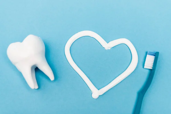 Diş Modelinin Üst Görüntüsü Mavi Arka Planda Diş Macunu Diş — Stok fotoğraf