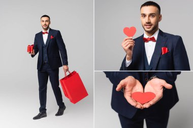 Zarif takım elbiseli genç İspanyol adamın kolajı gri renkte sevgililer günü hediyeleri tutuyor.