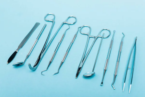 Close View Row Dental Tools Blue Background — Stock Photo, Image